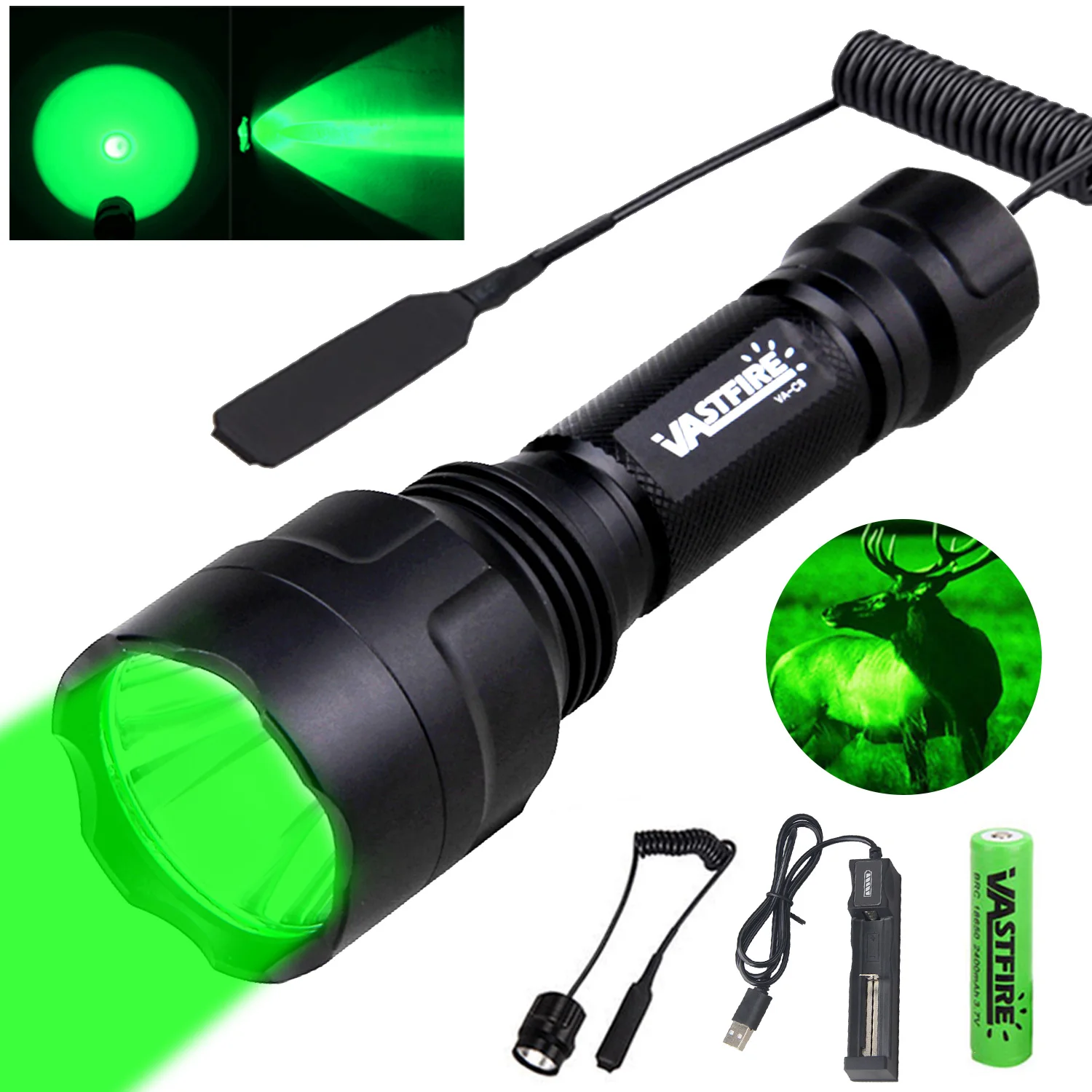 C8 Green/Red/White Led Flashlight Tactical Hunting Torch Lantern+Rifle Scope Airsoft Mount Clip+Remote Switch+18650+USB Charger