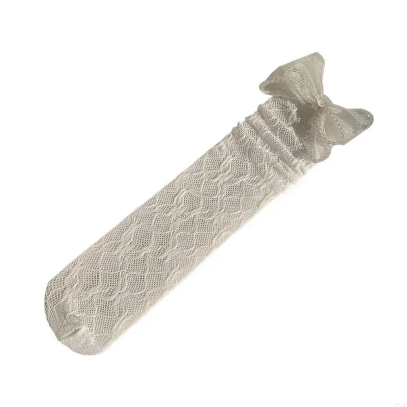 195E Kids Girls Korean Elegant Hollowed Lace Long Socks Pearl Beaded Trim Bowknot School Uniform Over Calf Sock