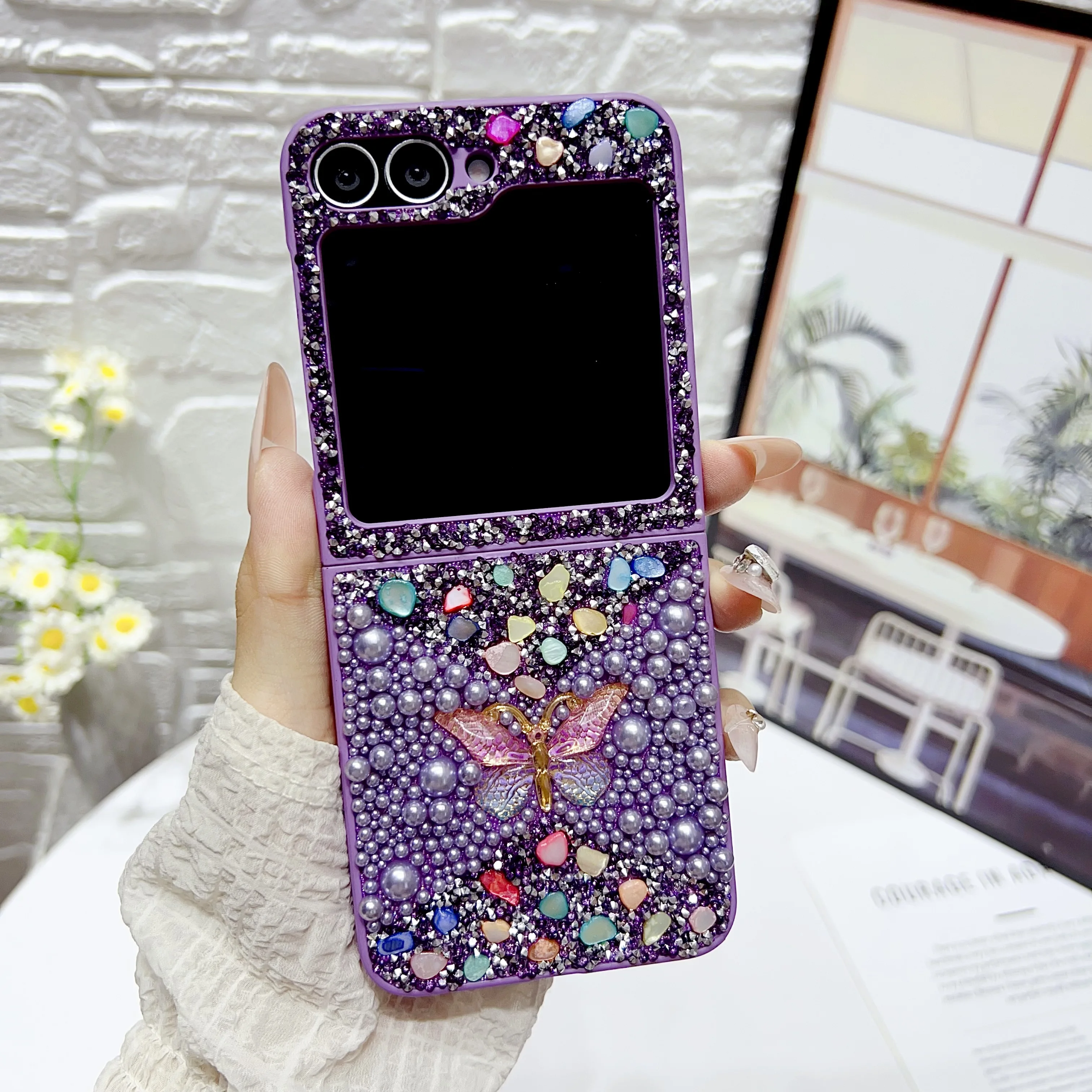 

Back Cover For Samsumg Galaxy Z Flip 7 6 5 4 3 Case Pearl Sparkling Diamond Stone Butterfly Hard PC Shockproof Phone Case