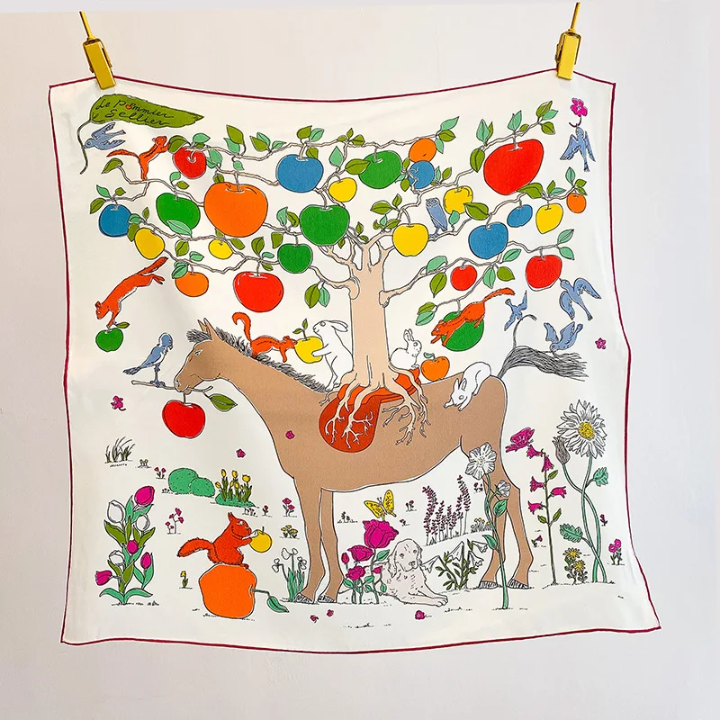 100-マルベリーシルク-70x70cm-おとぎ話の馬リンゴの木スクエアスカーフカラフルな動物花柄ネックヘッドバンダナ女性旅行ギフト