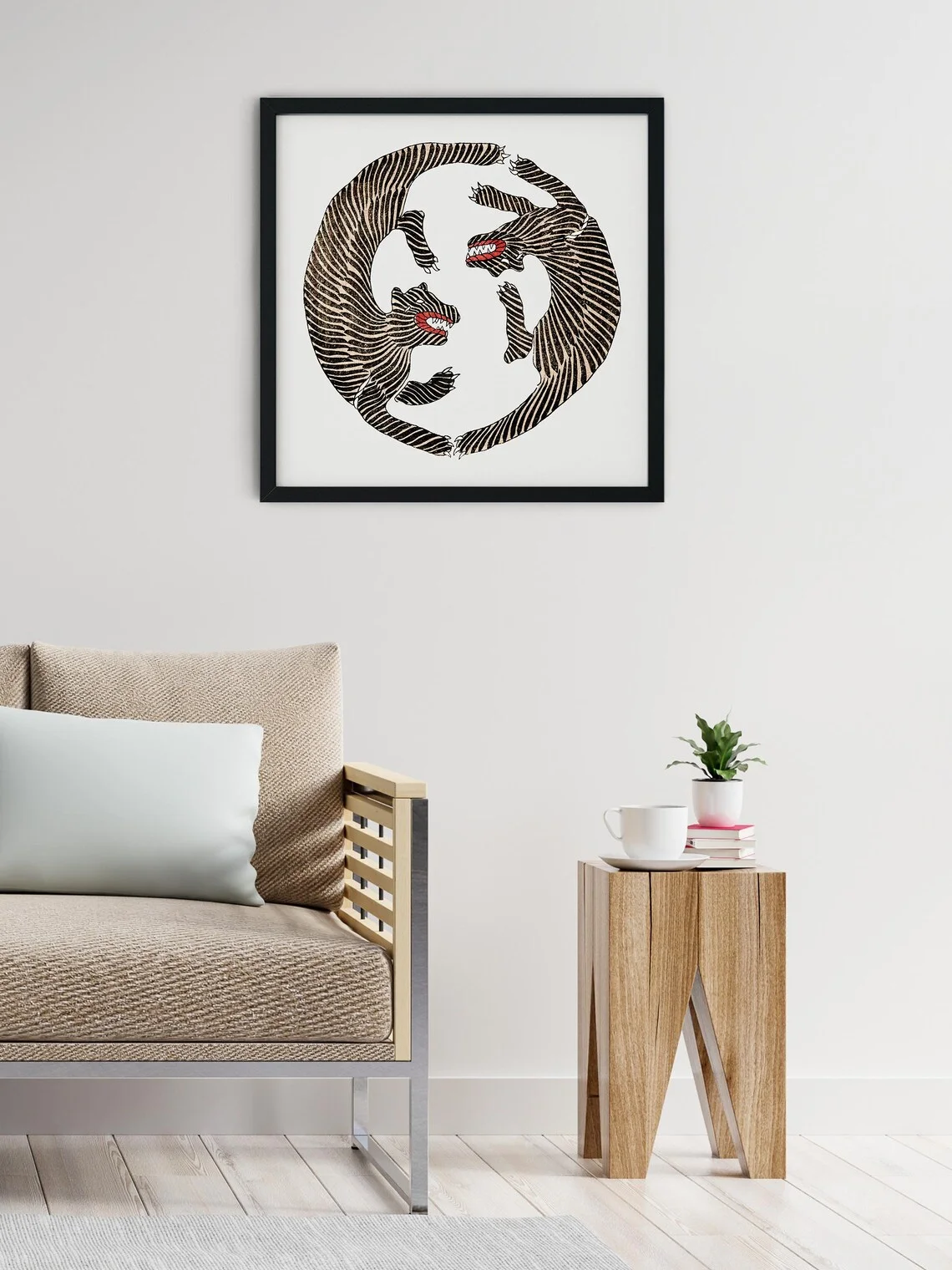 Japanischer Vintage-Tigerdruck, japanische Wandkunst, orientalische Heimdekoration, quadratisches Poster, Tierillustration, Taguchi Tomoki