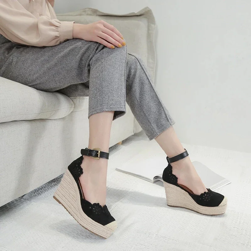 YAERNI Women\'s Espadrilles Wedge New Sandals Skirt Hollow Single Shoes Women\'s Fashion Pointed High Heels Thick BottomStraw