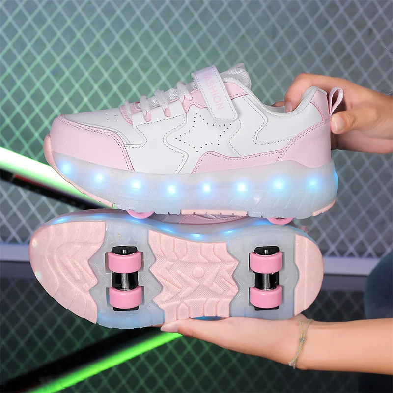 Kid Led Sneakers USB Charging Luminous Shoes Outdoor Sport Roller Skates Children Four Wheels Boys Girls Casual Shoes Glowing