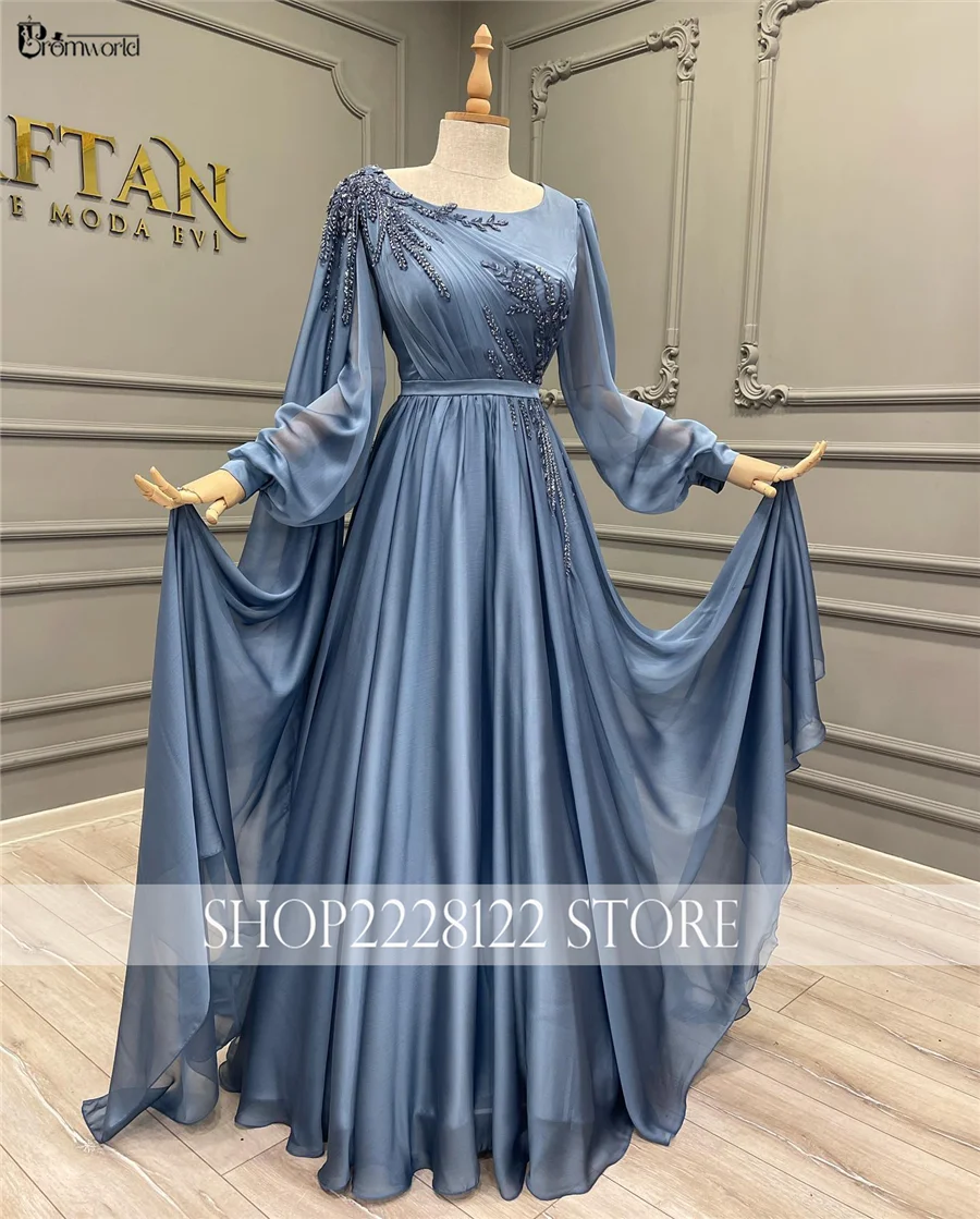 Abiti da sera musulmani a maniche lunghe a-line Scoop Neck arabo Dubai abiti da festa formali perline abito di pizzo De Soiree Prom