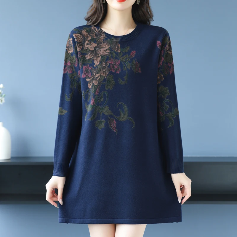

Floral Print Sweaters Dress Autumn Winter Casual Long Sleeve Top Pullovers Knitwear Jumper Pull Long Sweater Women