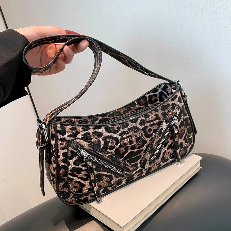 

Сумка через плечо из искусственной кожи в форме полумесяца, 20220, дизайнерская сумка в стиле панк, сумка подмышки, сумка на ремне подмышки, ретро, леопардовый принт, Bolsos