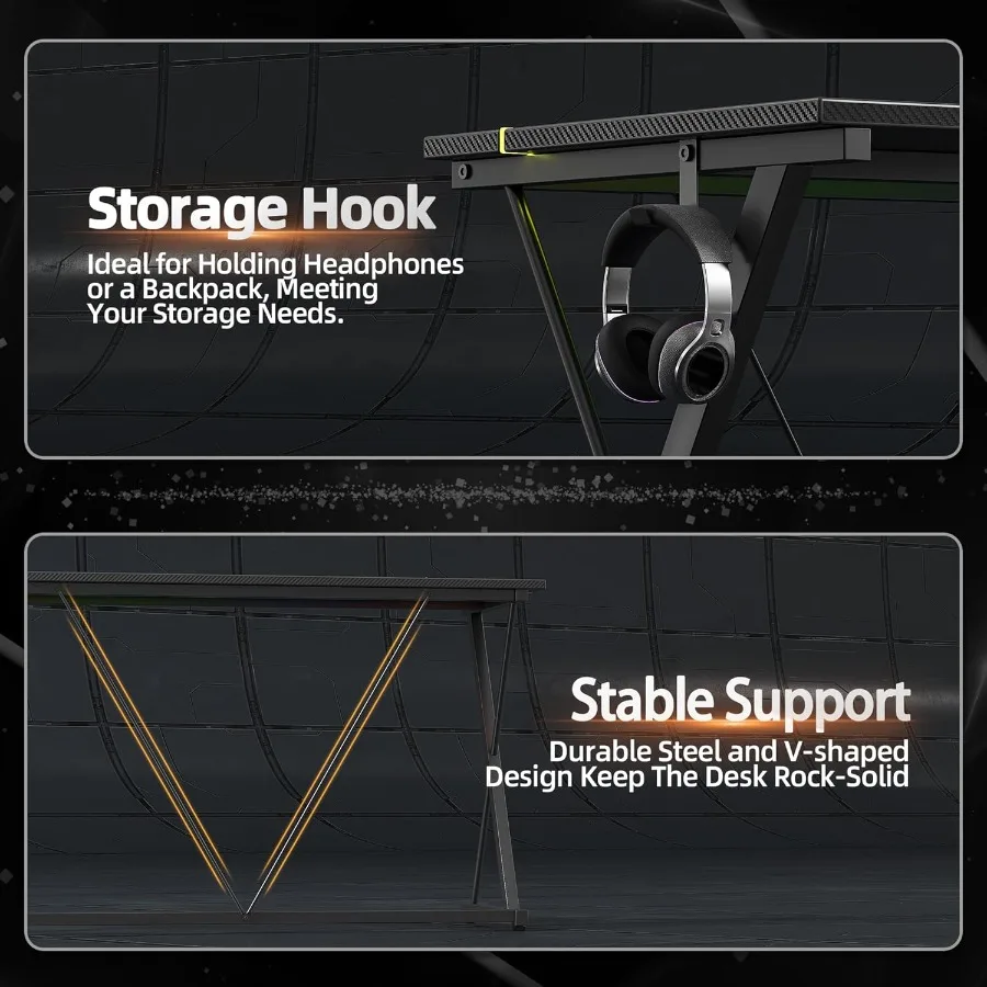 مكتب ألعاب مريح مقاس 47 بوصة مع منافذ طاقة مدمجة وإضاءة LED محيطة عمل الكمبيوتر بلمسة نهائية من ألياف الكربون F #6