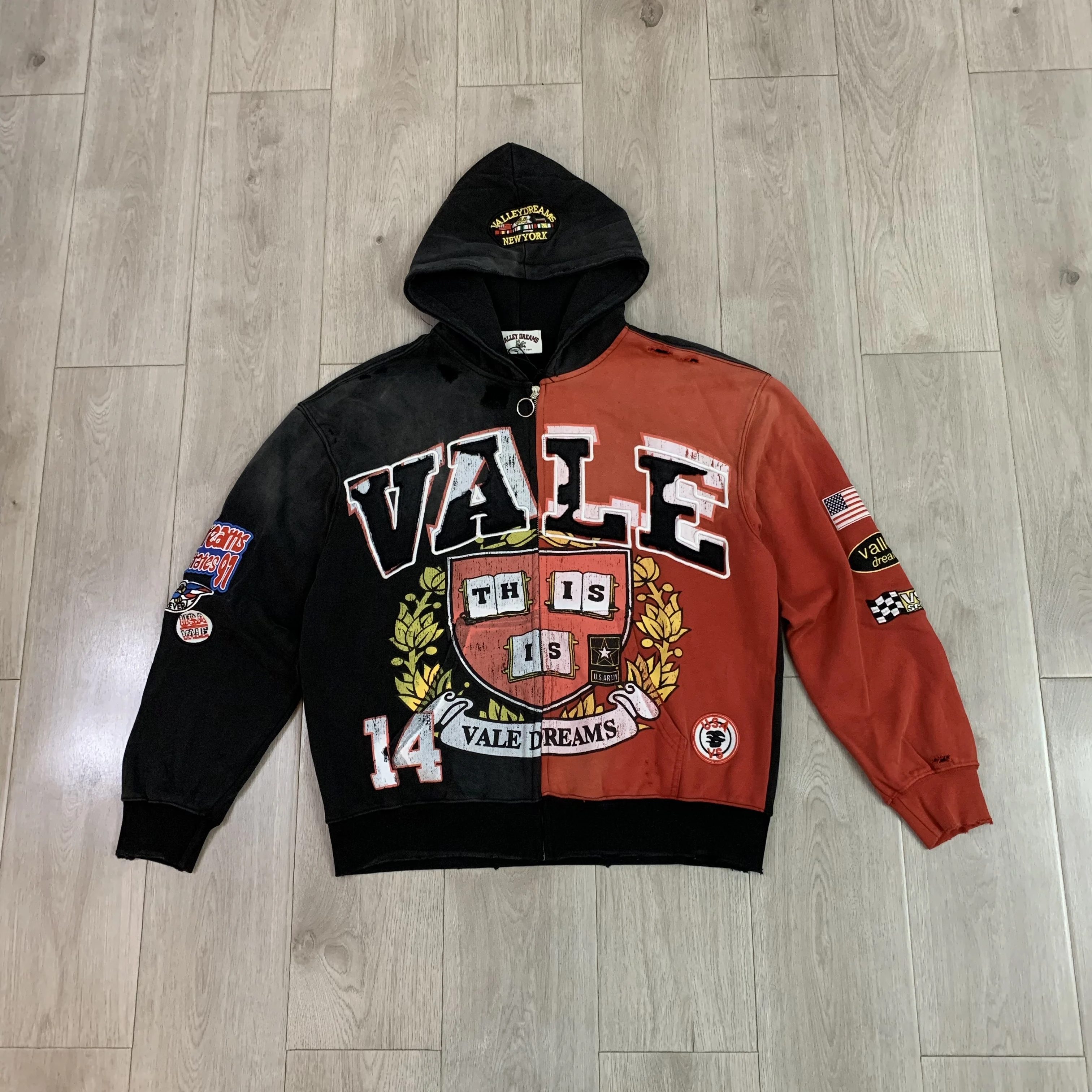 Fashionable Vintage Patchwork Color Block Embroidered Washed Hole Sweatshirt Comfortable Fleece Fabric Unisex Casual Wear