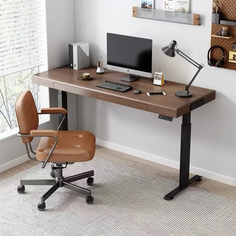

South American black walnut solid wood electric lift, office study table for 2 people with drawers