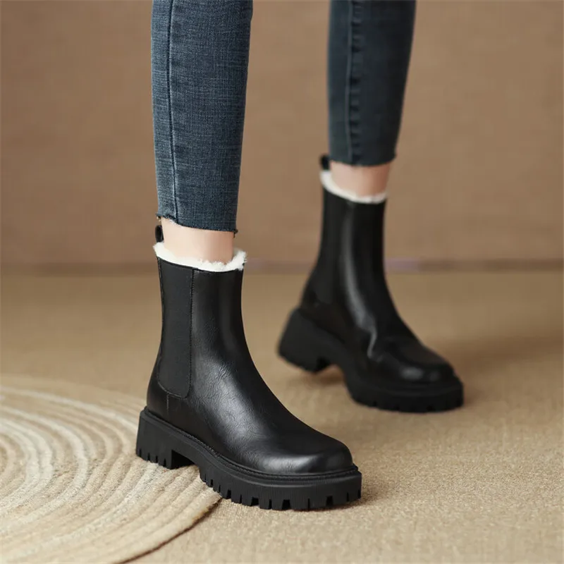 2022 Winter Ankle Boots Round Toe Split Leather Boots Women Shoes Chunky Heels Shoes for Women Thermal Wool Boots Platform Shoes