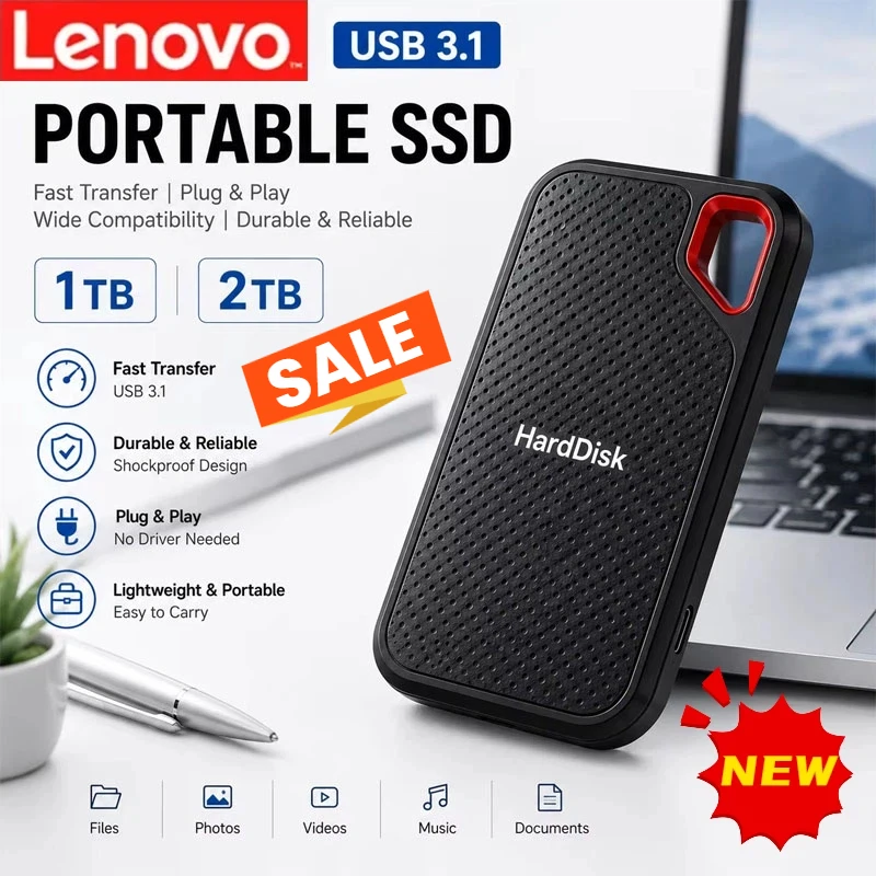 Lenovo Portable SSD E60 2TB 8TB 16TB 30TB External SSD Hard Drive USB 3.1 Type-C Fast Storage for Laptop/Mac/PC Compact Build