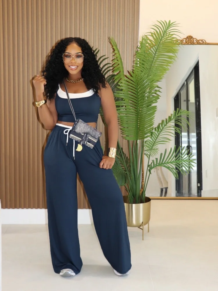 

Wmstar 2025 New Summer Comfortable leisure Pant Sets Drawstring spliced solid color long straight pants strappy vest sleeveless