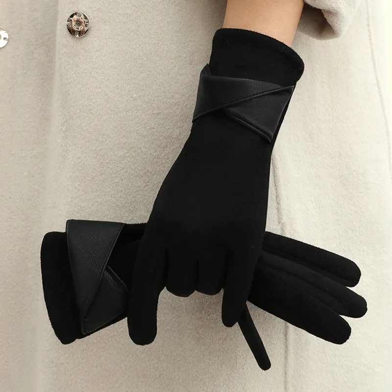 New Suede Gloves for Women Winter Plus Velvet Warm Commercial Style Temperament Bow Touch Screen Riding Driving