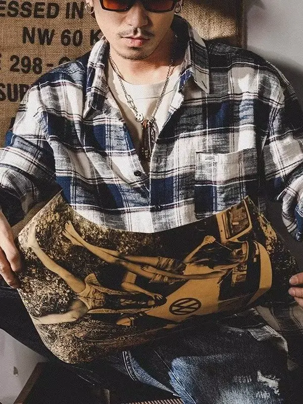 

Свободная мужская верхняя одежда в клетку в американском стиле ретро в клетку Long Sve, весенне-осенняя верхняя одежда большого размера, повседневная модная брендовая одежда