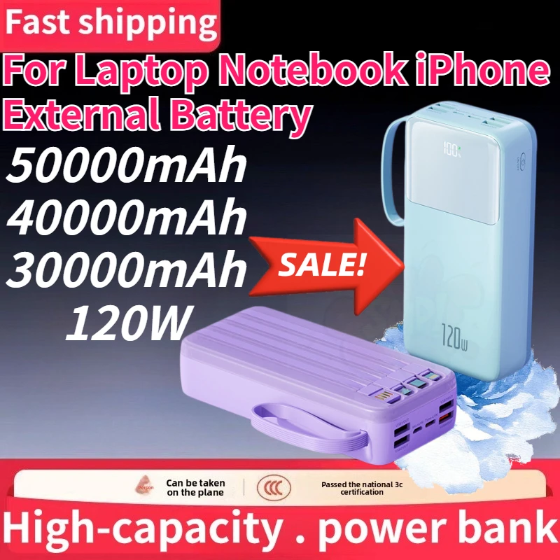 

Power Bank 120W 50000mAh with Fast Charging Cable Portable Powerbank for Laptop Notebook IPhone Samsung Xiaomi External Battery