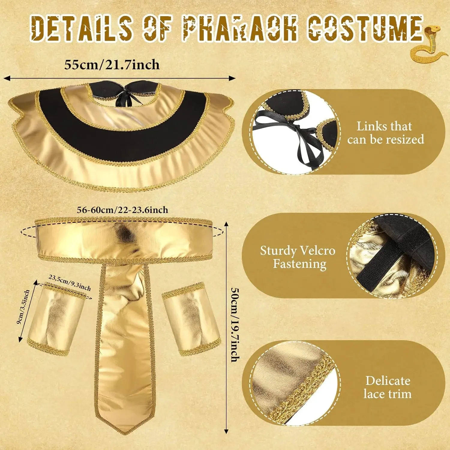 Egyptian Costume Accessory Set Pharaoh Hat Collar Egyptian Belt Cuffs Cobra Head Scepter for Men Halloween King Tut Cosplay