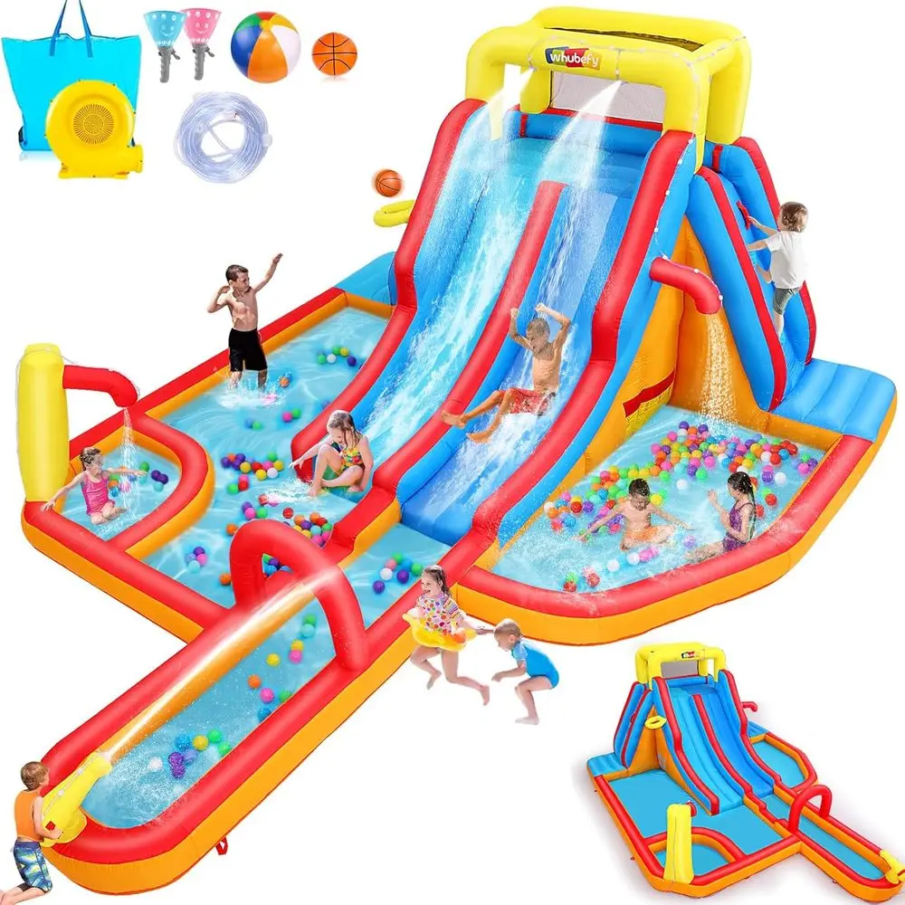 Mega Park z dmuchanymi zjeżdżalniami wodnymi, Duży dmuchany zamek dla dzieci w wieku 5-12 lat, Zjeżdżalnia wodna z ścianą wspinaczkową, Dwa bardzo długie zjeżdżalnie i basen z fontannami