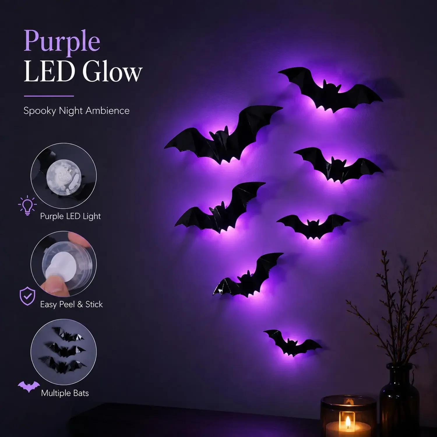 12/36Pcs LED Night Light Bat Wall Stickers Luminous Purple Light Self-adhesive 3D PVC Stereoscopic Halloween Party Scare Lamp