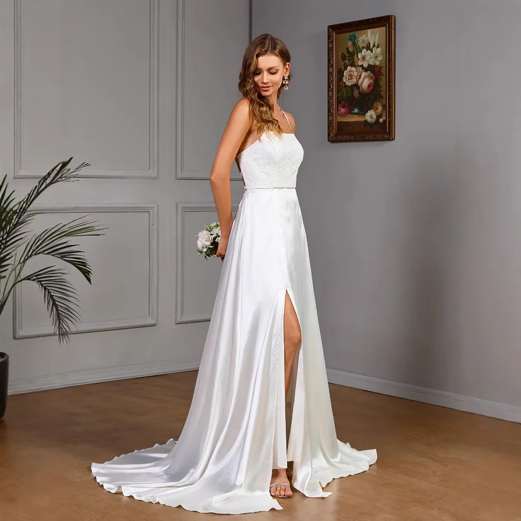 새로운 여성용 민소매 멜빵 화이트 스트랩리스 새틴 민소매 웨딩 드레스 Y2k 2025 여름 드레스 로브 베스티도 여성 우아한