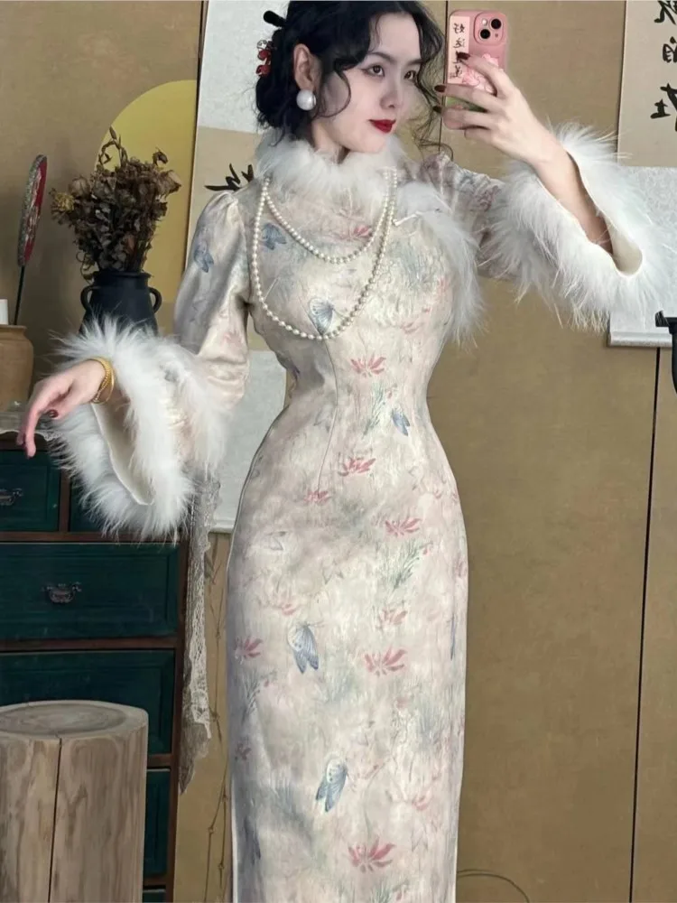 

Thick three-dimensional and gentle fur cheongsam dress
