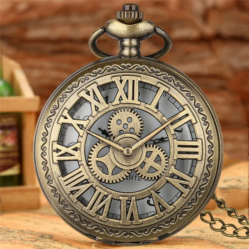 Vintage Pocket Watch Hollow Out Gear Cover Roman Number Case Quartz Movement Clock with Necklace Pendant Chain Timepiece Reloj