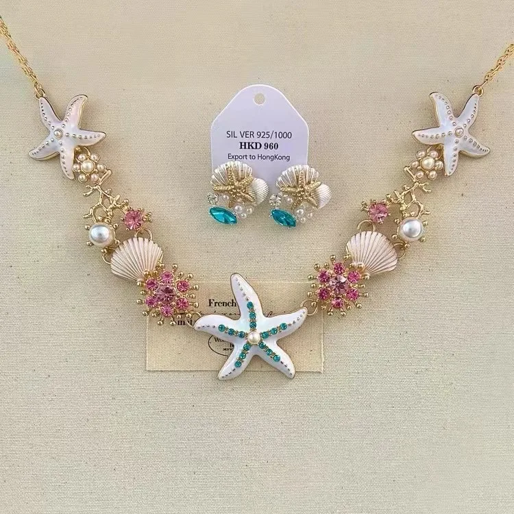 Starfish-shaped pendant necklace in vibrant blue hue featuring geometric design and electroplated alloy construction on durable
