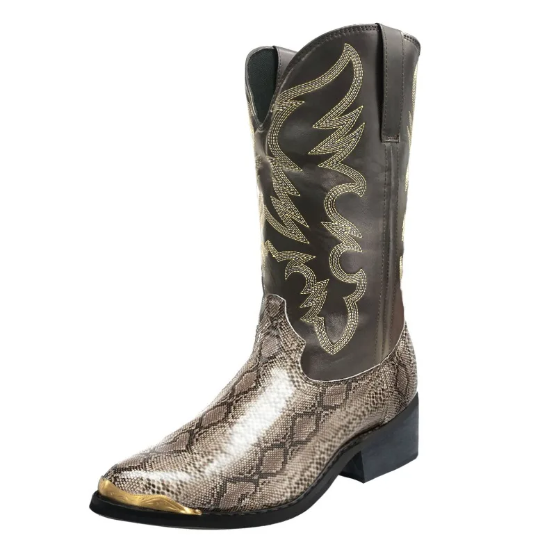 New Men Mid-calf Boots Handmade Retro Western Cowboy Boots Slip on Shoes Casual Shoes Zapatos Hombres Snake Pattern Cowboy Boots