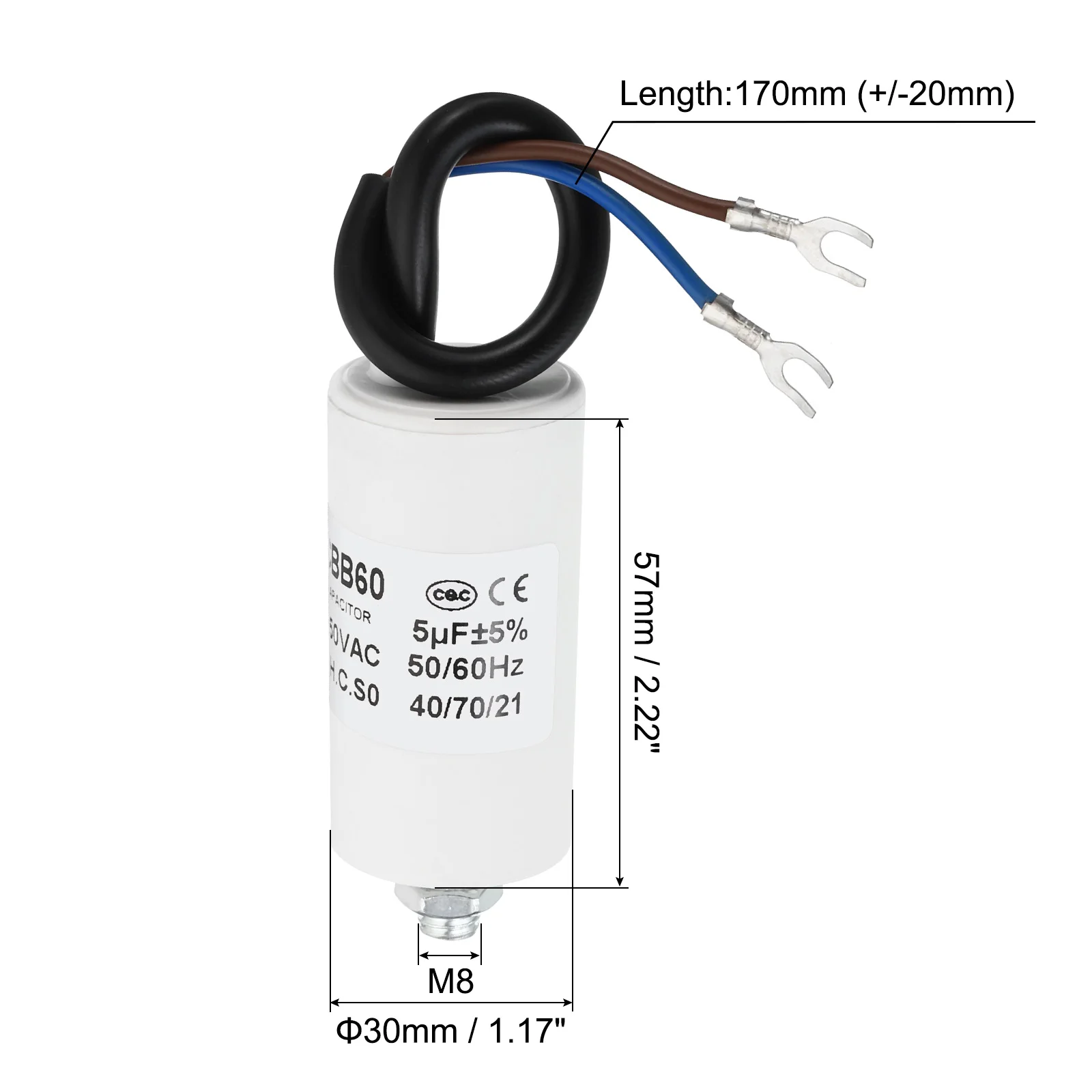 5-22uf CBB60 Run Capacitor AC 450V U Terminal Wires 50/60Hz Cylinder Bottom with M8 Screw for Washing Machine Pump Motor Star