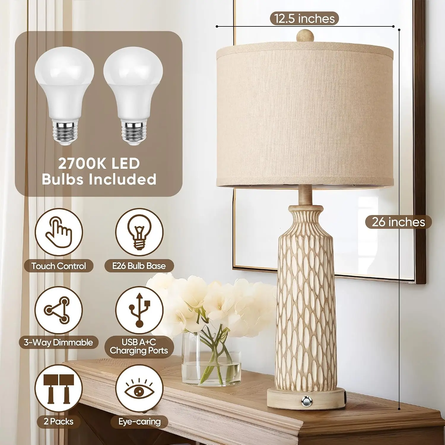 26" Farmhouse Bedside Lamps Set of 2, Touch Control 3-Way Dimmable, USB A+C Charging Ports, Modern Off-White Resin Table Lamps for Living Room, Included 2700K LED Bulbs view 4