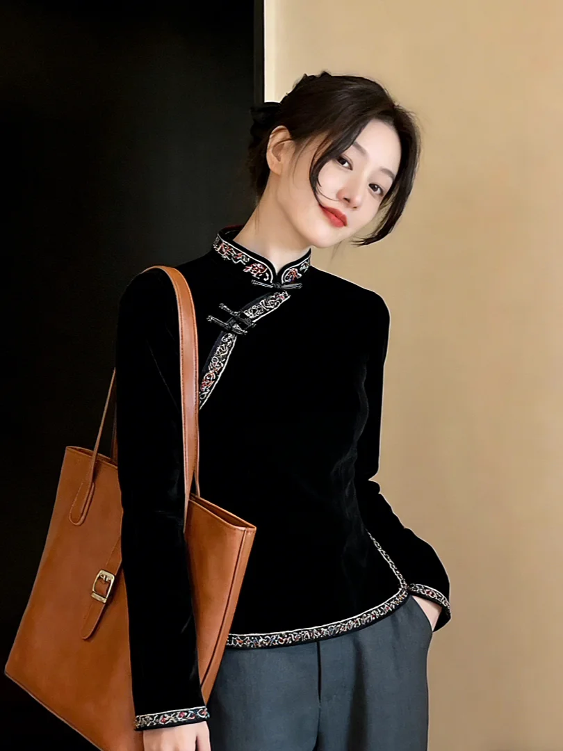 

Sli Bla ort Winter irt Chinese National Sle New Middle Class Ele Luxury Top for Small Figures Women