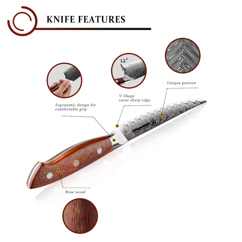 Grandsharp 5 Inch Steak Knife AUS10 Japanese Damascus Stainless Steel Chef\'s Kitchen Knives Meat Cooking Tools Rosewood Handle