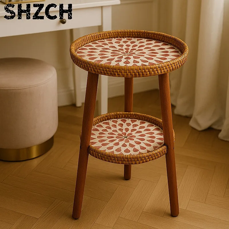 Double-Layer Rattan Coffee Table with Mosaic Top, Rustic Boho Indoor Outdoor Decor