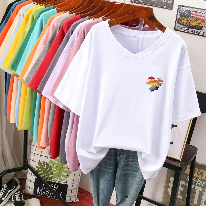 EBAIHUI 100% Cotton L-5XL T Shirt Plus Size Tshirt Short Sleeve Cartoon Women Top Summer Sweet Couple V Neck Oversized T Shirts