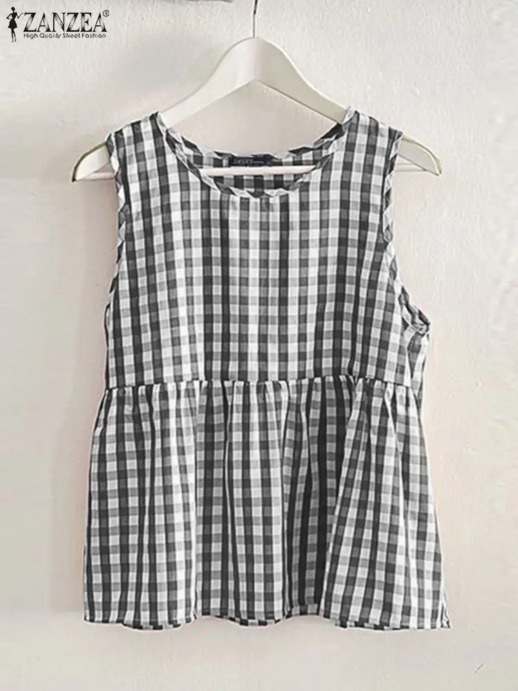 ZANZEA Checked Women Tees Ruffled Hem Vintage Casual Fashion Blouse Gingham Sleeveless Daily 2024 Summer Tanks O Neck Tunic Tops