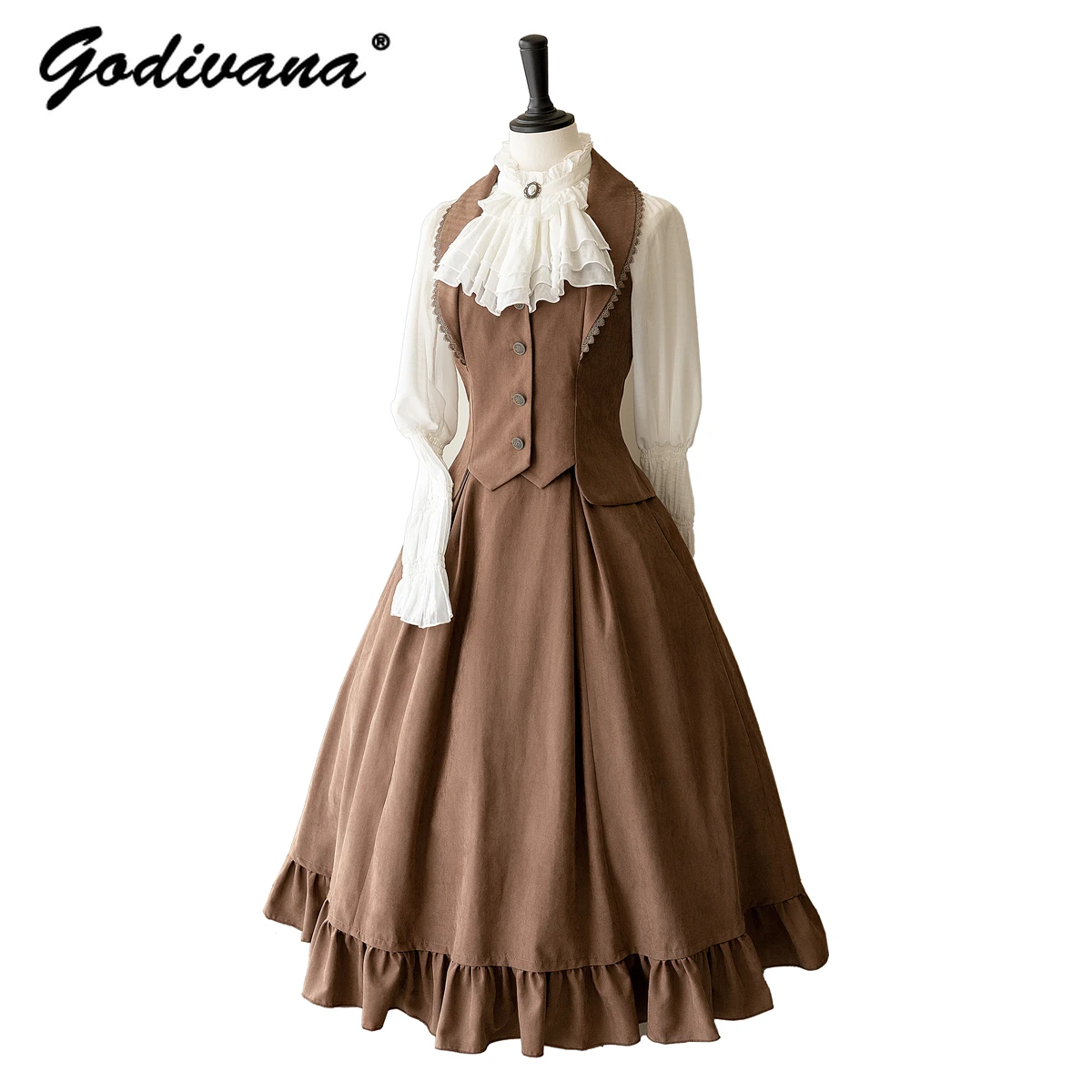 Autumn Winter Clothing Set Ladies Elegant Long Sleeve White Shirt Blouses Retro Vest with Fishbone Skirt Lolita 3 Piece Outfits