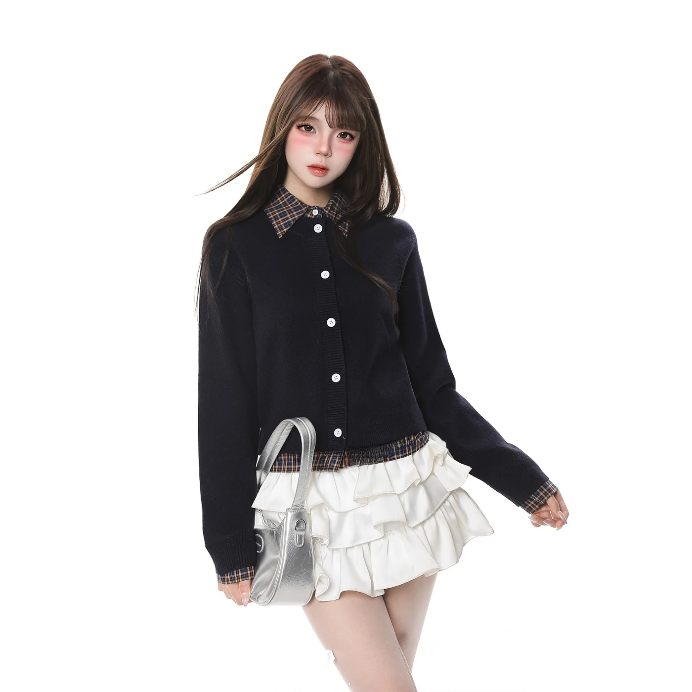 

Ретро-кардиган в академическом стиле, вязаный, открытый, женский, свободный, повседневный, с лоскутным узором, весенняя новинка, дизайн с эффектом двухслойности