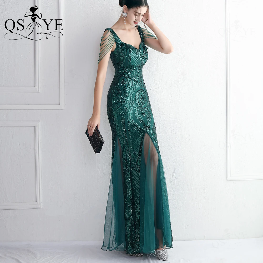 Luxury Emerald Evening Dresses Beading Straps Green Sequined Mermaid Prom Gown Glitter Elegant Party Pattern Lace Formal Dress