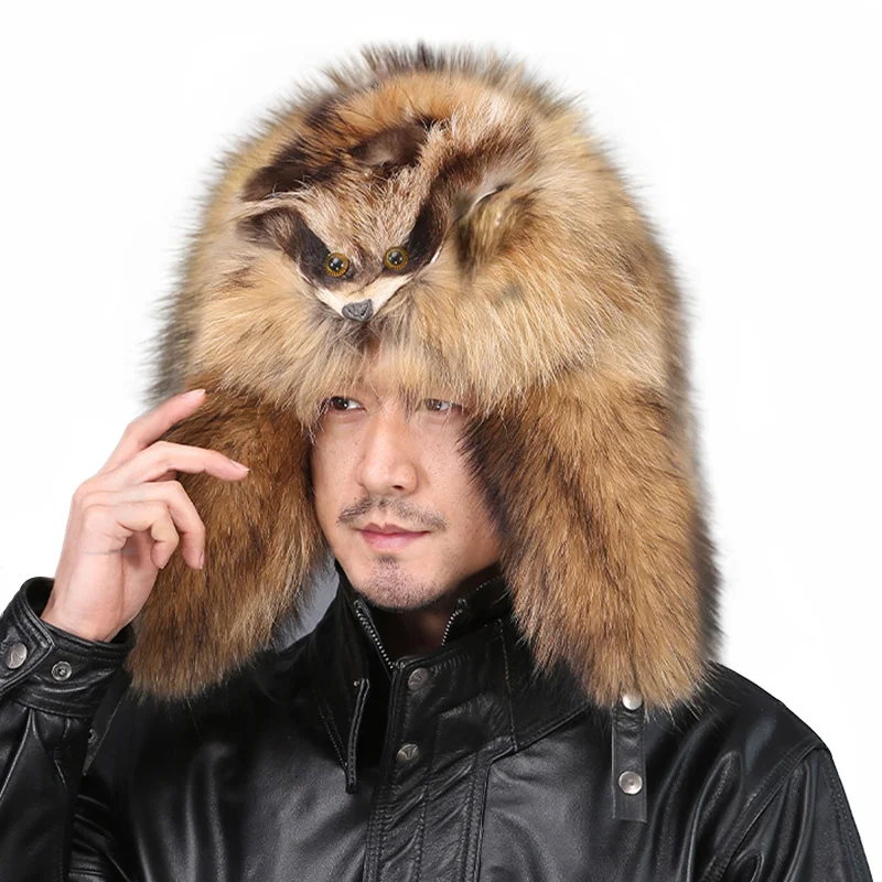 Real Fur 100% Raccoon Fox Skin Russian Hats Pilot Bombers Full Mao Men\'s Hat Ushanka Winter Ear Guard Hat Raccoon Fur Beanie Hat