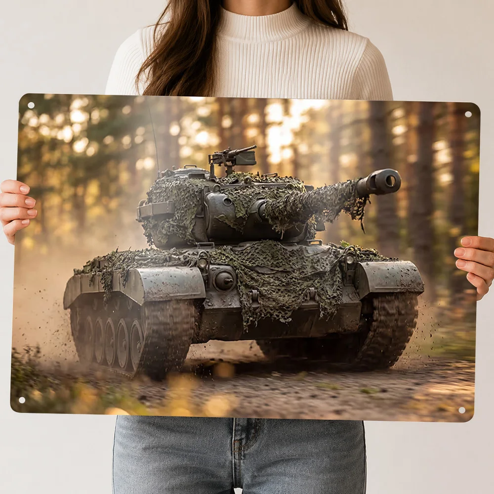 Camouflaged Tank in Forest Personalized 3D Textured Metal Poster Wall Art Tinplate Sign for Home Deco Vintage Decoration Gaming