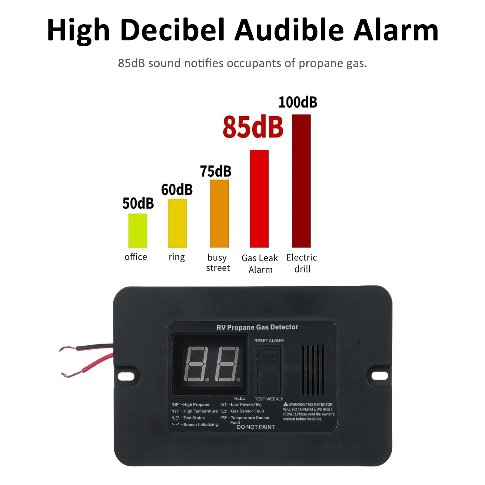 Digital RV Propane Gas Detector with 85dB Loud Alarm, DC 12V Gas Alarm for Trailer Motorhome