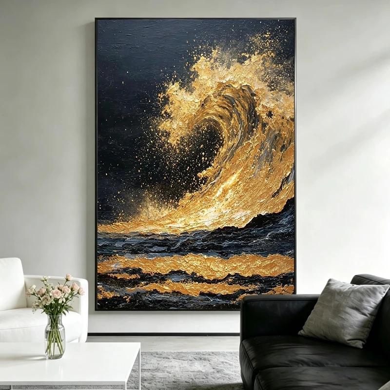 Modern Pure Handmade Abstract Gold Oil Painting on Canvas Waves Wall Art Picture Texture Hanging Poster For Living Room Bedroom