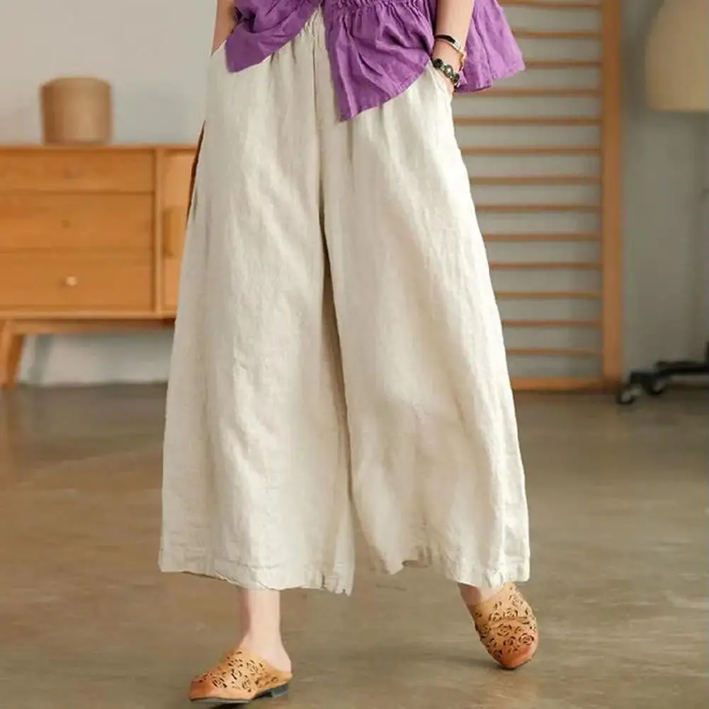 Women Summer Spring Pants Wide Leg Oversized Straight Solid Color Elastic Waist Match Top Pockets Deep Crotch Lady Ninth Pants