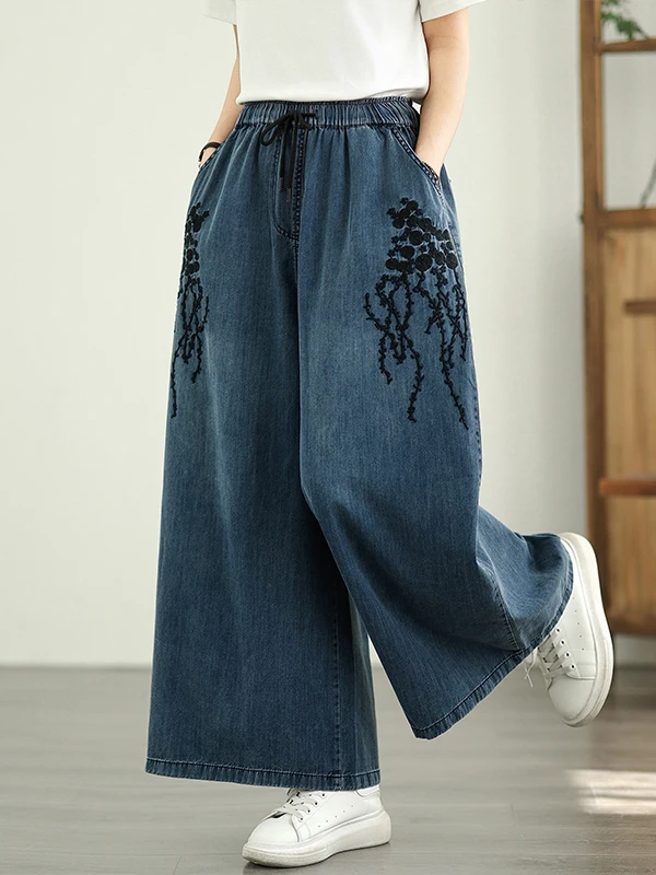 Calça jeans waed bordada pesada, cintura alta, ajuste solto, calças casuais, mistura de algodão e poliéster, verão, moda para mulheres plus size