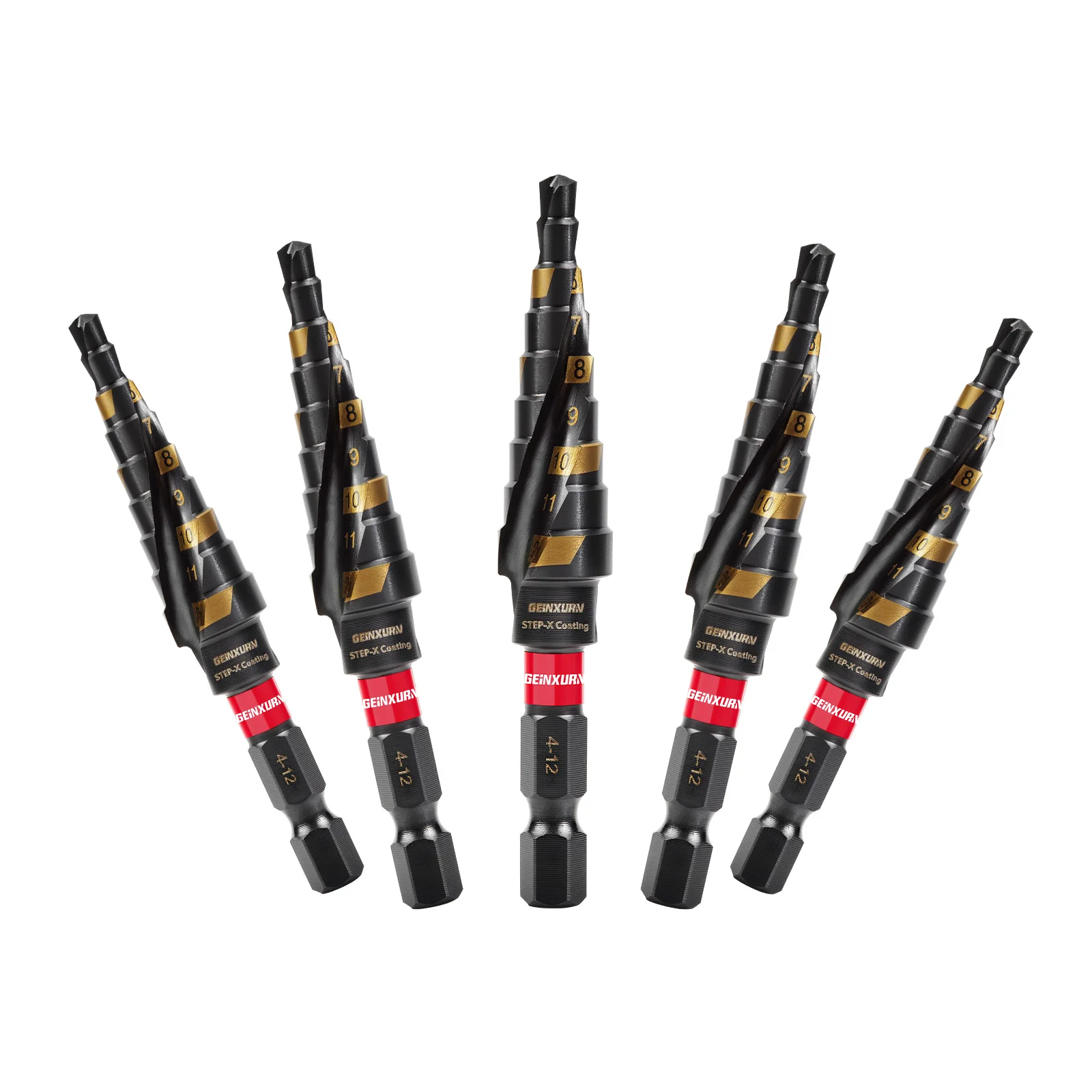 

Geinxurn 4-12mm Titanium Step Drill Bit Set, Spiral Flute Fast Chip Removal & Quick Release Shank for Metal, Wood, Plastic