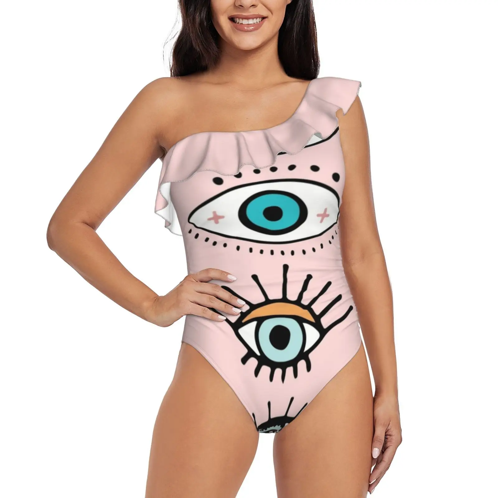 

Eye See You One Shoulder Ruffle Swimsuit Print Swimwear Female One Piece Monokini Bathing Suit Eyes Eyeball Evil Eye Eyelashes