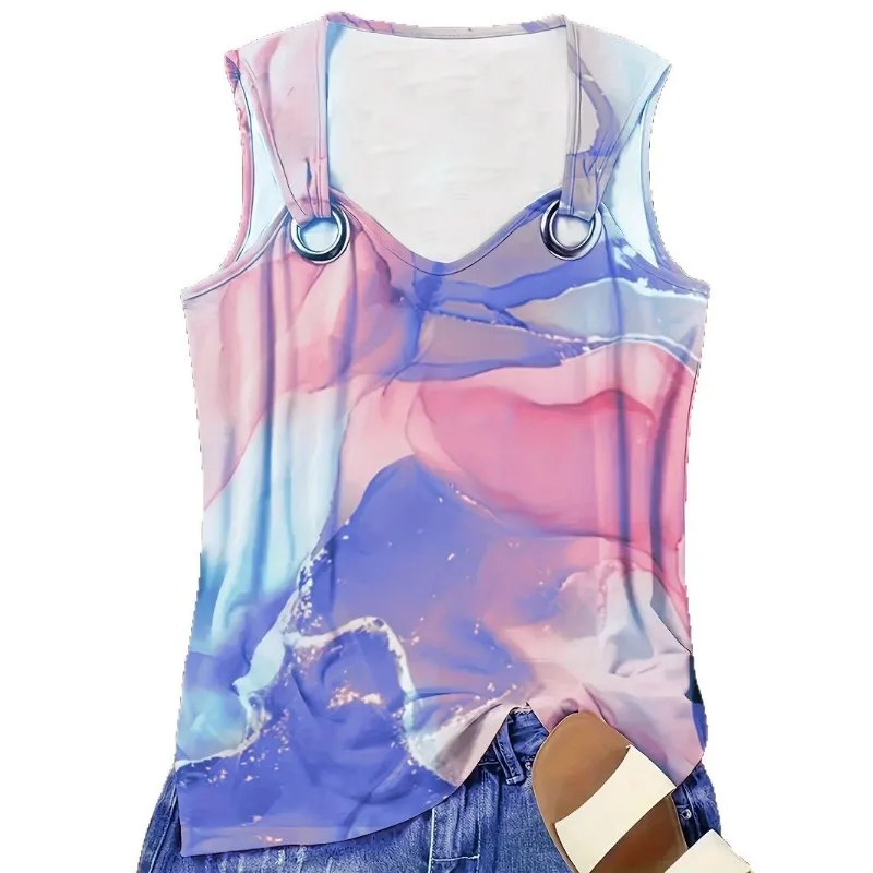 Summer Cross-border Special for Foreign Trade Spot Large Size Women's Clothing Elegant Flower V-neck Vest T-shirt Slim Fit Tanks