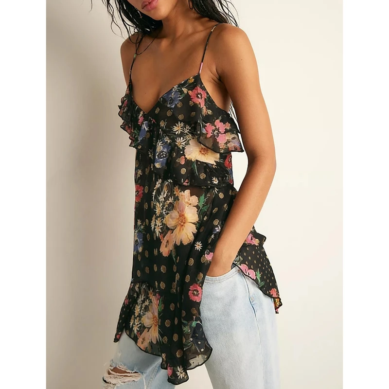 

Женское летнее мини-платье на тонких бретелях с V-образным вырезом в стиле Y2K, в горошек/с цветочным принтом, полупрозрачное, с оборками по низу