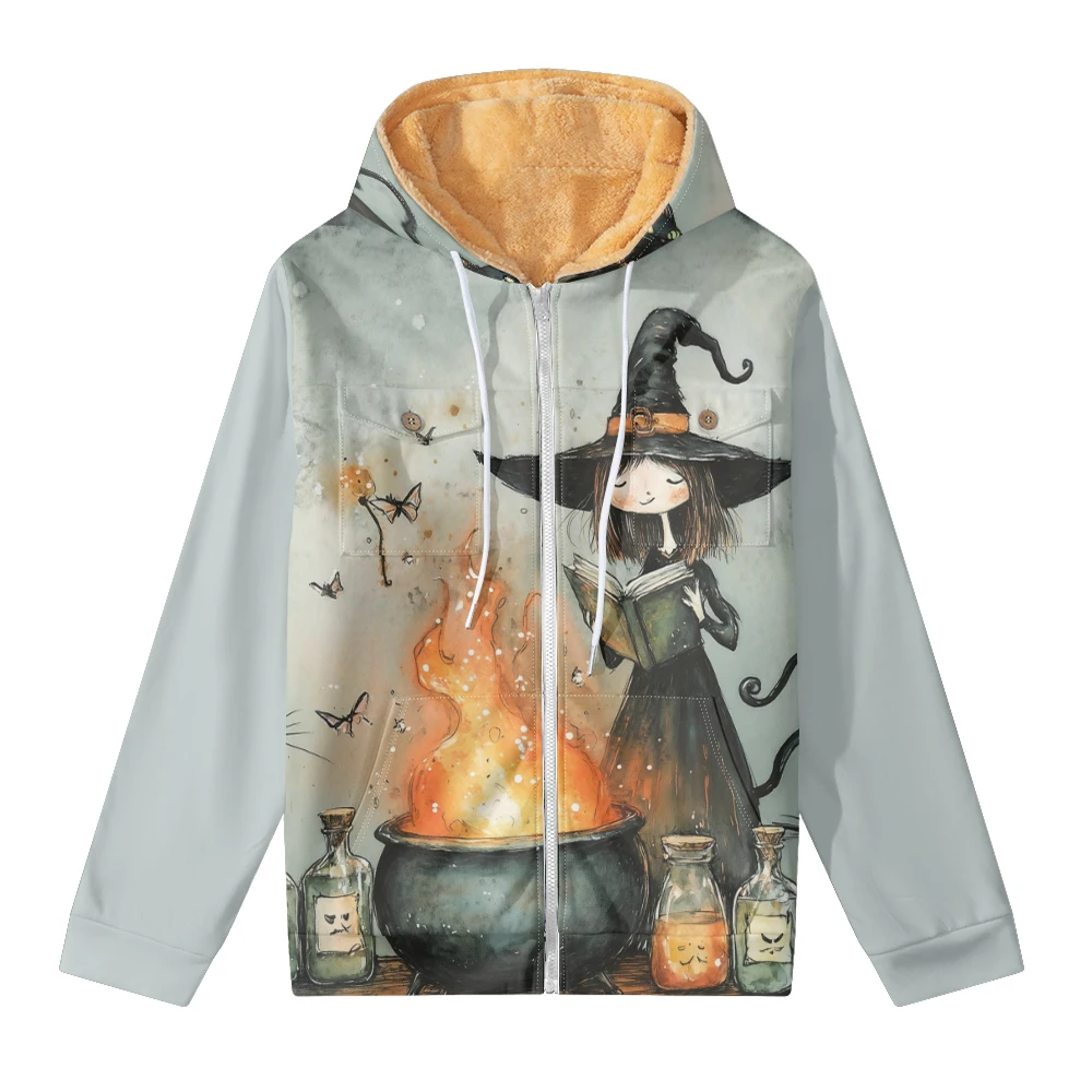 Winter men's cotton clothes, cute magical little witch Halloween printed cotton clothes, funny and casual daily basics