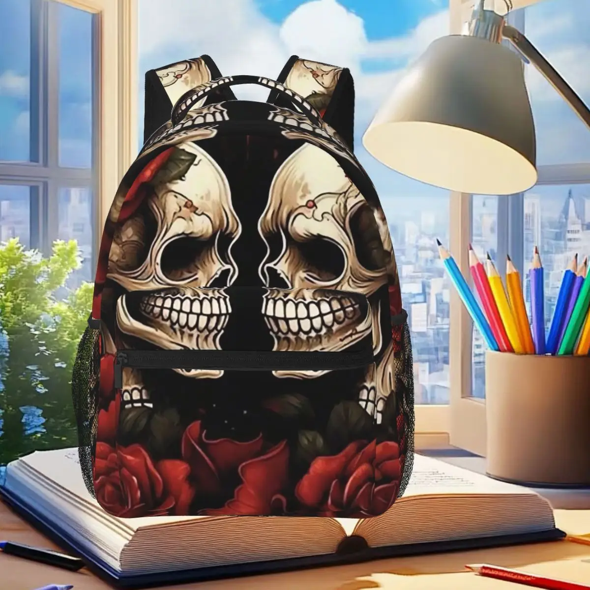 

Two Skull Surround Red Flower Halloween Backpack Student Boys Girls BookBag Kids School Bag Laptop Shoulder Bags for Men Women