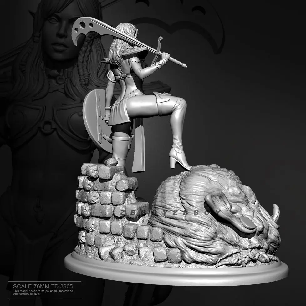 76mm Fantasy Female Greatsword Warrior Miniature Scale Unpainted Resin White Model Kit 3D Printed Figurine Decoration Craft view 4